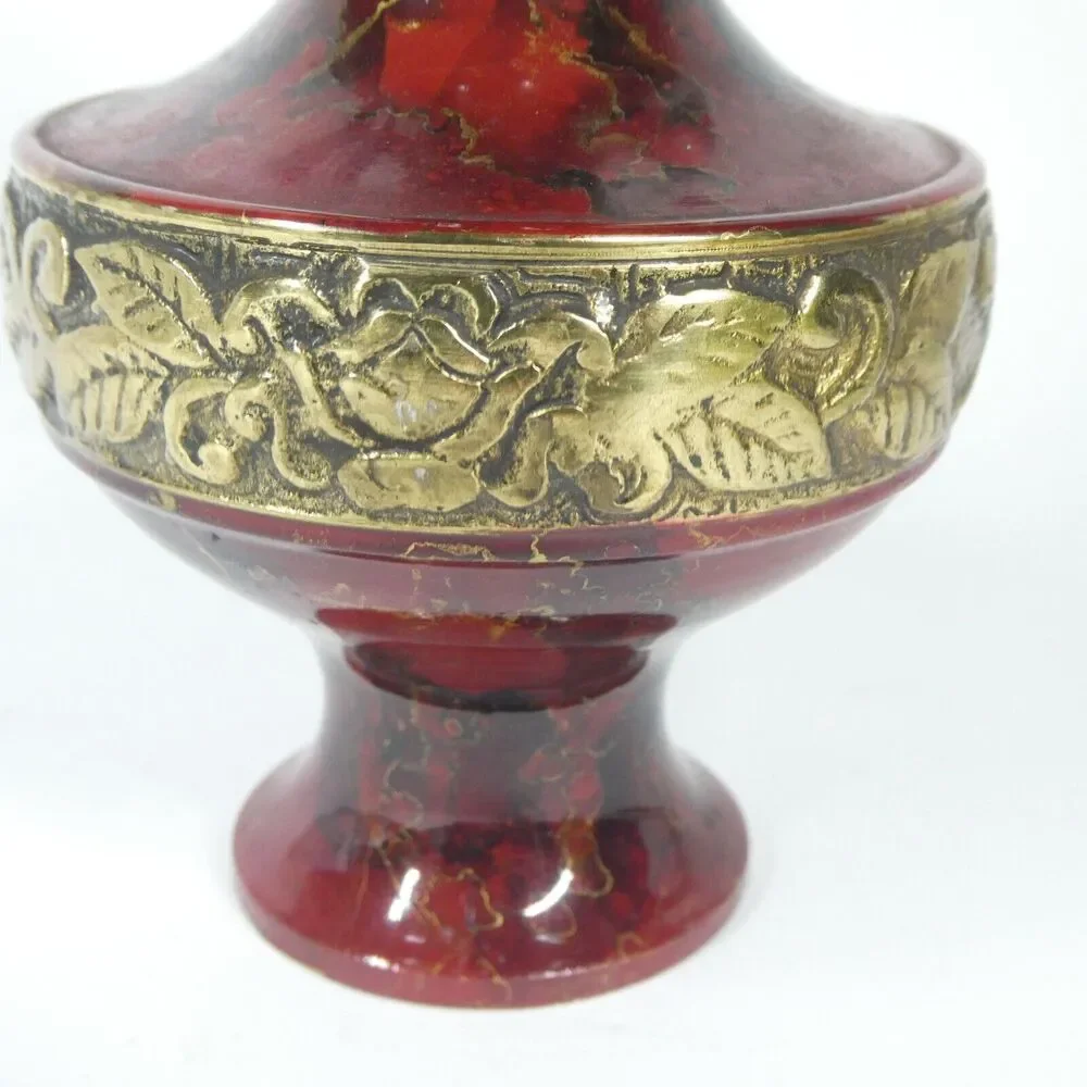 Brass Vase Red Marbled Enamel Vintage 6.5